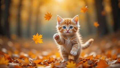 Playful Ginger Kitten in Autumn Leaves