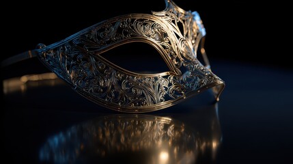 Elegant Gold Venetian Mask with Intricate Filigree Detail on Dark Background