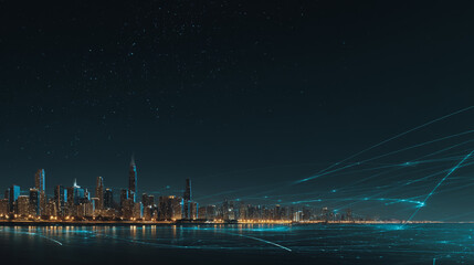 Night lights, a city of modern business and smart digital innovation with a network of interconnected rewards over the cityscape of the future smart wireless digital city and social media network