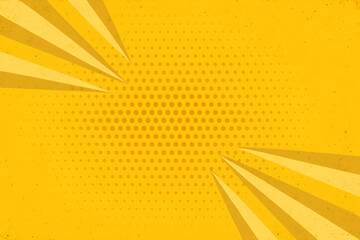 Bright orange and yellow vector illustration with a halftone pattern and light rays creating an...
