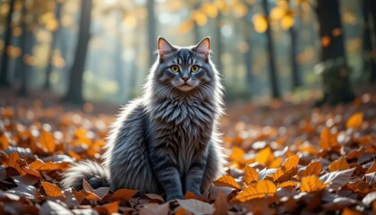 Majestic Gray Cat Amidst Autumn Leaves