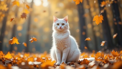 Majestic White Cat Amidst Falling Autumn Leaves