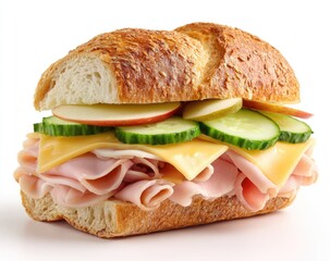 A ham and cheese sandwich with apple slices and cucumber