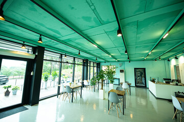 Contemporary Coffee Shop Interior with Mountain View in Korea