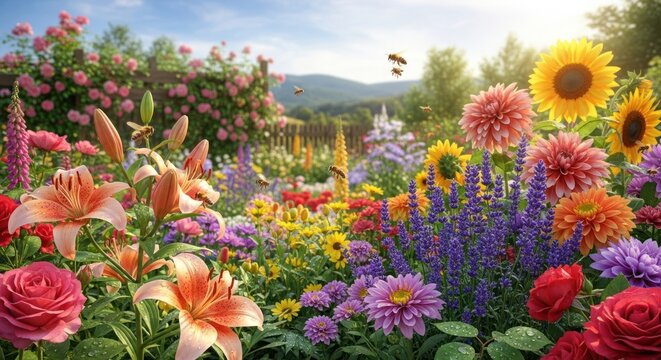A vibrant and colorful garden thrives under a bright summer sky, filled with an abundant display of blooming lilies, roses, sunflowers, dahlias, and lavender, attracting busy bees with its natural bea