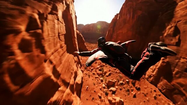 A wingsuit flyer skillfully navigates through a narrow sunlit red rock canyon performing an exhilarating and dangerous feat of proximity flying.