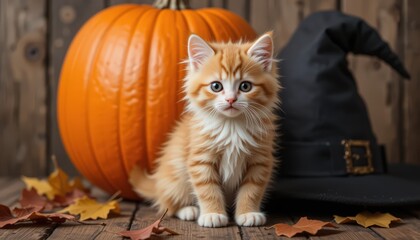 Adorable Ginger Kitten with Pumpkin and Witch's Hat for Halloween
