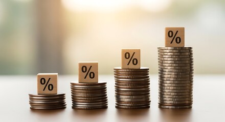 Stacks of coins with percentage blocks showing an upward trend