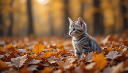 Adorable Kitten Amidst Autumn Leaves