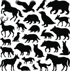 Wild animal silhouette collection, forest creatures vector, bear, deer, wolf, horse, eagle, rabbit, wildlife icons, black nature design