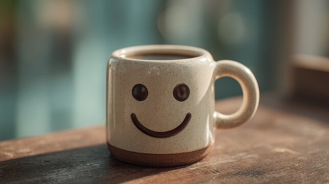 Cheerful coffee mug with smiling face design, capturing a moment of joy