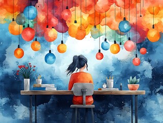 Mockup of woman at desk in vibrant dreamy setting with colorful hanging bulbs