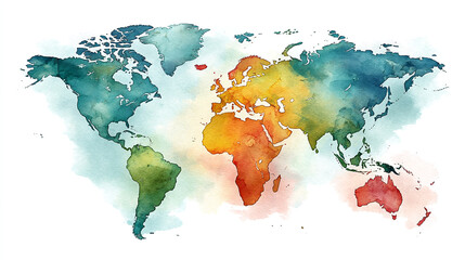A watercolor world map illustration displaying continents and oceans with varied colors