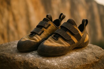 Worn climbing shoes resting on rock in warm sunlight with blurry background