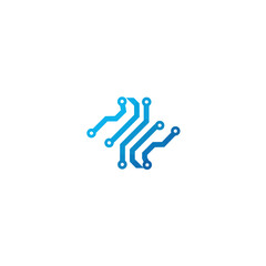 Obraz premium Modern blue circuit pathway vector logo representing digital connection and networking technology