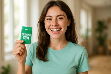 Woman holding chewing gum pack and smiling at home