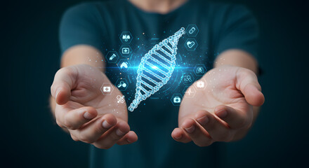 A young Caucasian man with short brown hair holds out his hands, displaying a glowing DNA strand surrounded by digital icons representing health and technology.