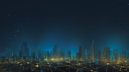 Night lights, a city of modern business and smart digital innovation with a network of interconnected rewards over the cityscape of the future smart wireless digital city and social media network