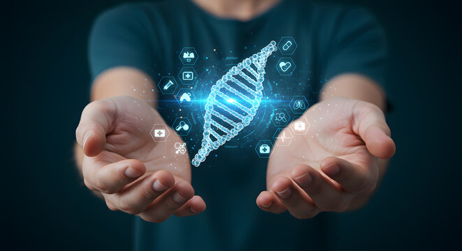 A young Caucasian man with short brown hair holds out his hands, displaying a glowing DNA strand surrounded by digital icons representing health and technology.