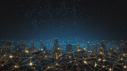 Night lights, a city of modern business and smart digital innovation with a network of interconnected rewards over the cityscape of the future smart wireless digital city and social media network