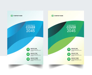 Modern corporate cover template design with abstract blue and green wave shapes, professional business brochure layout for 2045 annual report, flyer, or company presentation.
