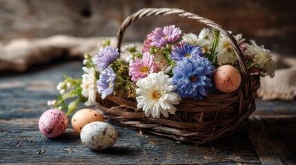 Close-up of Basket with Mixed Blossoms and Painted Eggs on Rustic Wood with Blurred Background