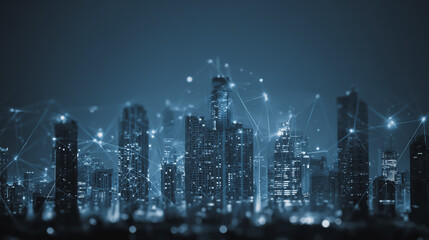 Night lights, a city of modern business and smart digital innovation with a network of interconnected rewards over the cityscape of the future smart wireless digital city and social media network