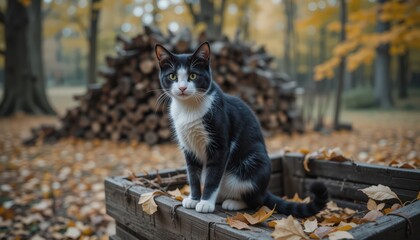 Tuxedo Cat Sitting on Wooden Box in Autumnal Forest