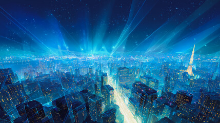 Night lights, a city of modern business and smart digital innovation with a network of interconnected rewards over the cityscape of the future smart wireless digital city and social media network