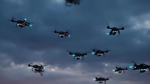 Multiple drones in flight, dusk sky