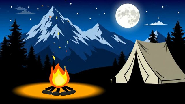Night camping illustration with tent, campfire, mountains, moon, and starry sky.