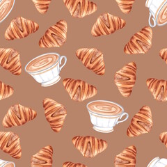 Hand-drawn illustration of a seamless pattern with delicious croissants and coffee cups