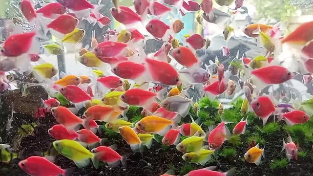A vibrant GloFish glides gracefully through the aquarium, its neon colors glowing under the light, bringing a lively and mesmerizing touch to the underwater world.