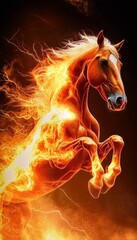 Majestic Fiery Mustang Galloping Through a Vibrant Sunset, Flames and Lightning Surrounding It