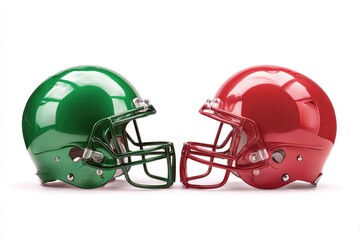 Fototapeta premium Two opposing football helmets, green and red, face off (1)
