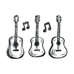 Obraz premium Trio of acoustic guitars with musical notes for creative design. Vector illustration