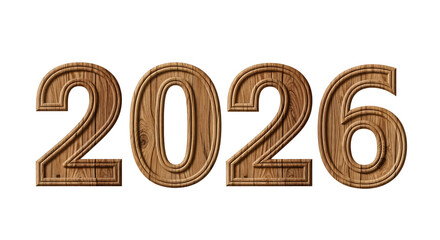 Wooden Style "2026" on Wood Background   Carved Wooden Numbers 2026 with Natural Plank Texture for New Year Background Elegant Calligraphy 2026 Typography Design for New Year Greeting Card Shiny Golde