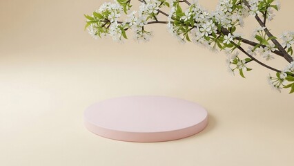Pastel pink pedestal with white blossoms spring theme product display