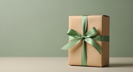 Gift Box Wrapped in Light Brown Paper with Green Ribbon.