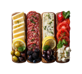 Charcuterie board display gourmet food dining room aesthetic presentation, isolated on transparent background, png
