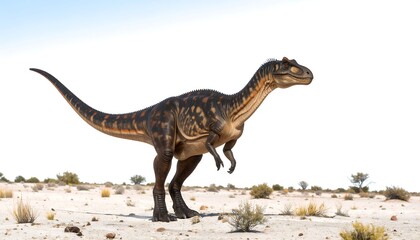 A digital illustration of a theropod dinosaur with brown, orange, and black markings. It stands on dry ground with scattered vegetation, against a clear, bright sky.