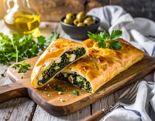 Hearty Albanian Byrek made with flaky filo dough filled with spinach and cheese, styled on a rustic wooden table with bread, olives, and herbs under natural daylight. 