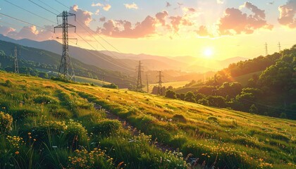 Golden Sunlight Illuminates Rolling Green Hills with Power Lines at Sunrise Scenery Landscape With Cloudscape And Golden Light On The Horizon