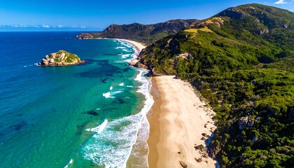 Obraz premium Aerial view captures a pristine beach with turquoise water, white waves, golden sand, rugged cliffs, and a small island