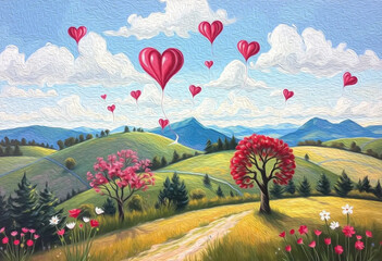 Valentine's Day card design. Illustration with oil paint. Pattern for printing on wall decorations, covers, wallpapers