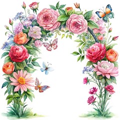 Fototapeta premium Beautiful floral archway with roses and butterflies. A romantic watercolor frame for a wedding invitation. A hand-painted spring garden scene with blooming flowers, isolated on white.