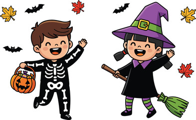 Happy kids in Halloween costumes, skeleton and witch outfits, trick or treat, pumpkin bucket, autumn leaves, bats flying, cartoon fun