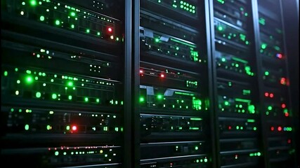 Dynamic server racks hum with vibrant green lights, representing powerful data processing and advanced technology infrastructure in a modern data center. - Powered by Adobe