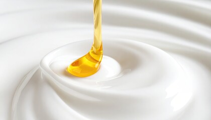 Golden Syrup Pouring on Swirls of White Creamy Yogurt Delicious Texture Close Up Macro Shot