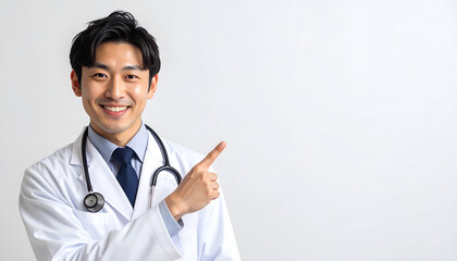 指差しで案内する笑顔の男性医師　コピースペース